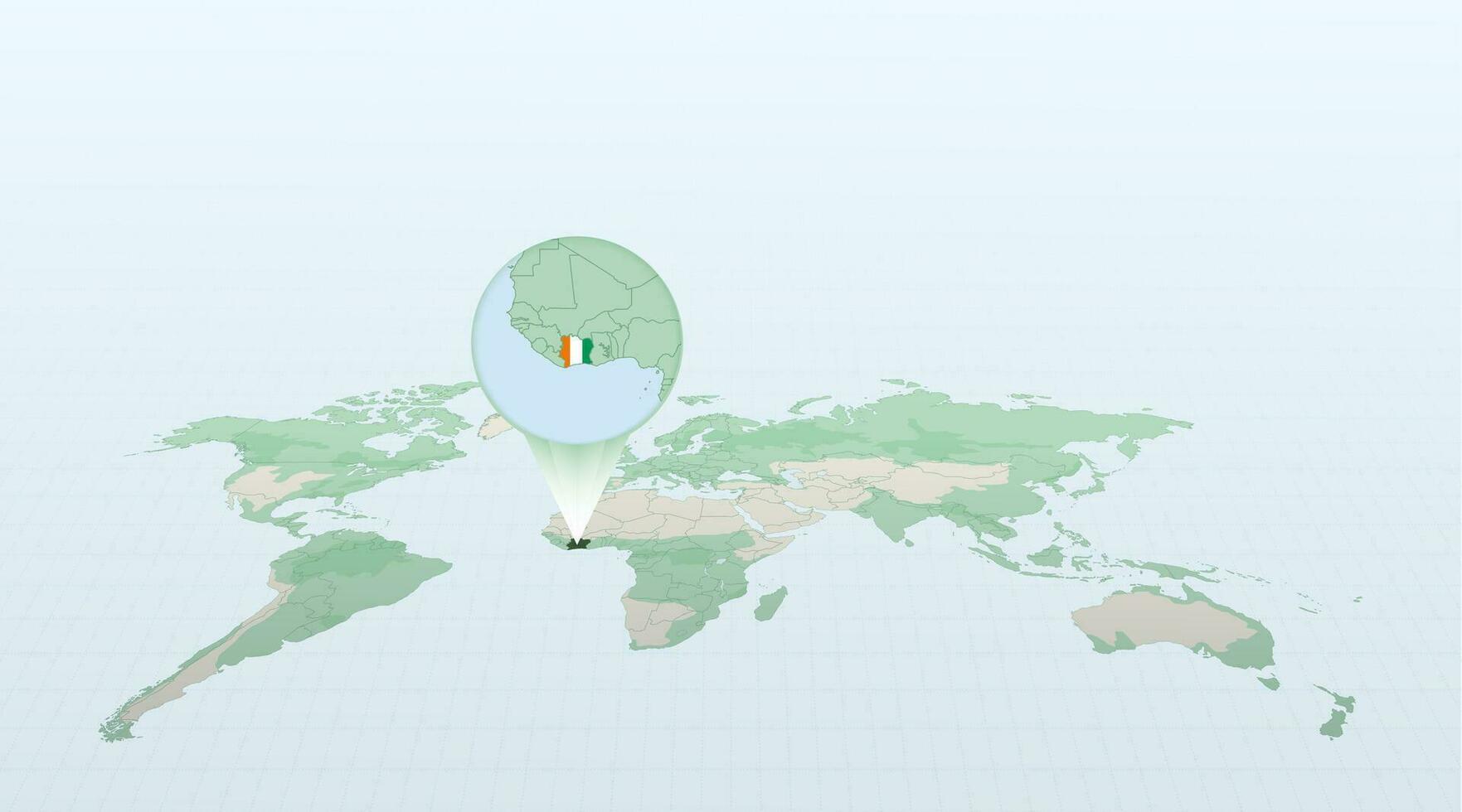 World map in perspective showing the location of the country Ivory Coast with detailed map with flag of Ivory Coast. vector