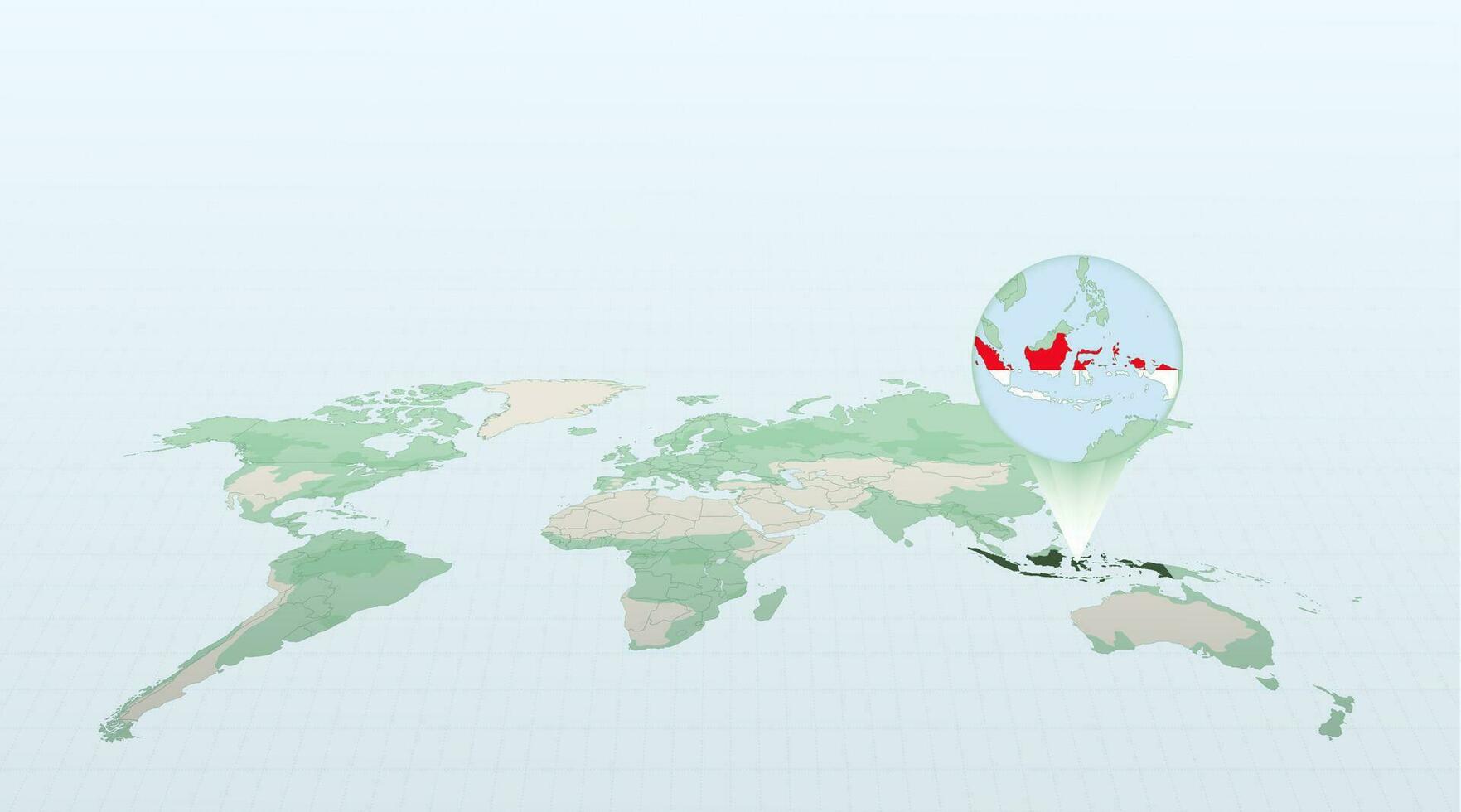 World map in perspective showing the location of the country Indonesia with detailed map with flag of Indonesia. vector