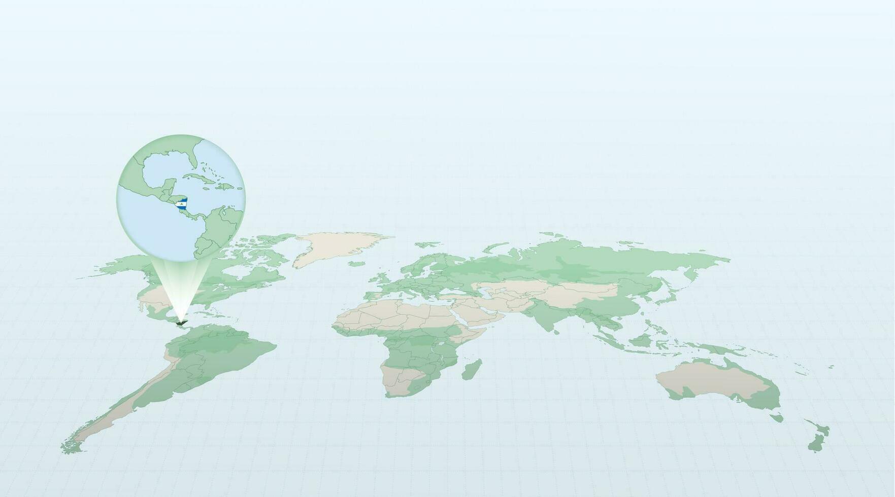 World map in perspective showing the location of the country Nicaragua with detailed map with flag of Nicaragua. vector
