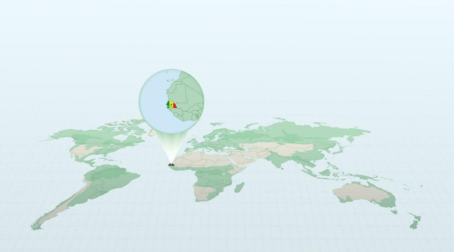 mundo mapa en perspectiva demostración el ubicación de el país Senegal con detallado mapa con bandera de Senegal. vector