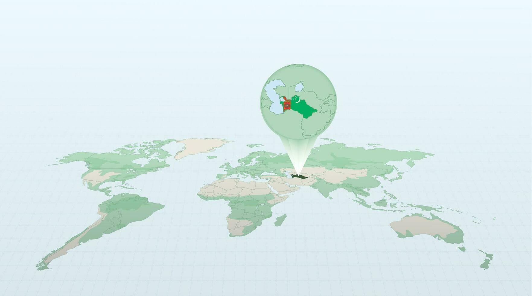 World map in perspective showing the location of the country Turkmenistan with detailed map with flag of Turkmenistan. vector