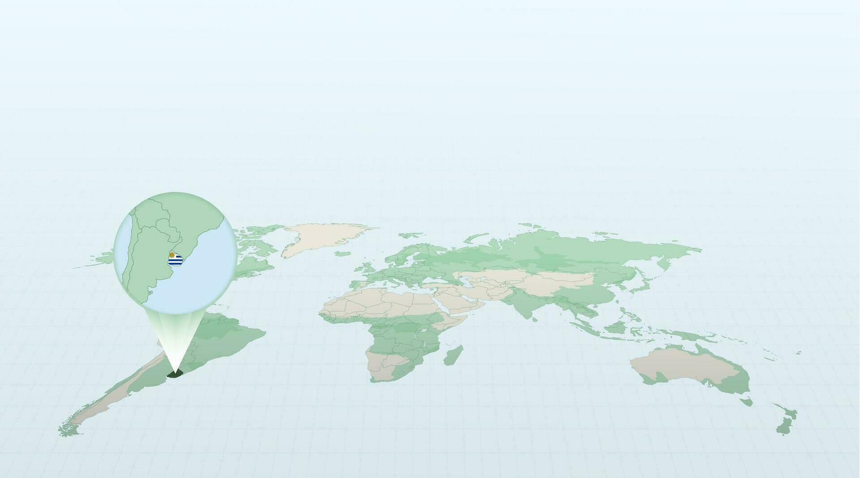 World map in perspective showing the location of the country Uruguay with detailed map with flag of Uruguay. vector