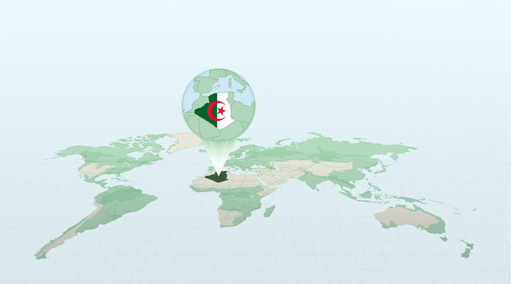 World map in perspective showing the location of the country Algeria with detailed map with flag of Algeria. vector