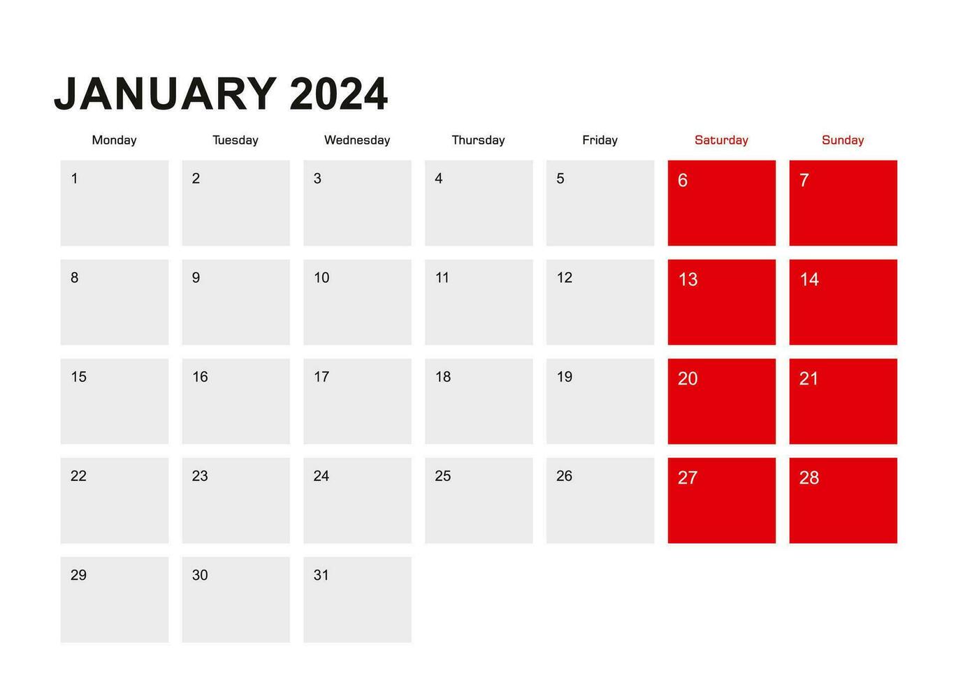 2024 January planner calendar design. Week starts from Monday. vector