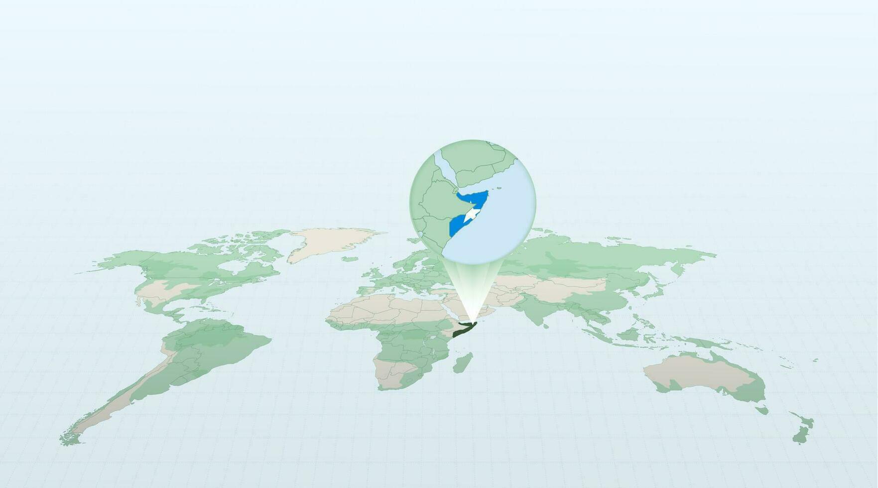 World map in perspective showing the location of the country Somalia with detailed map with flag of Somalia. vector