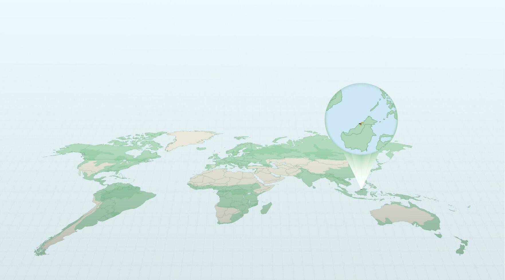 World map in perspective showing the location of the country Brunei with detailed map with flag of Brunei. vector