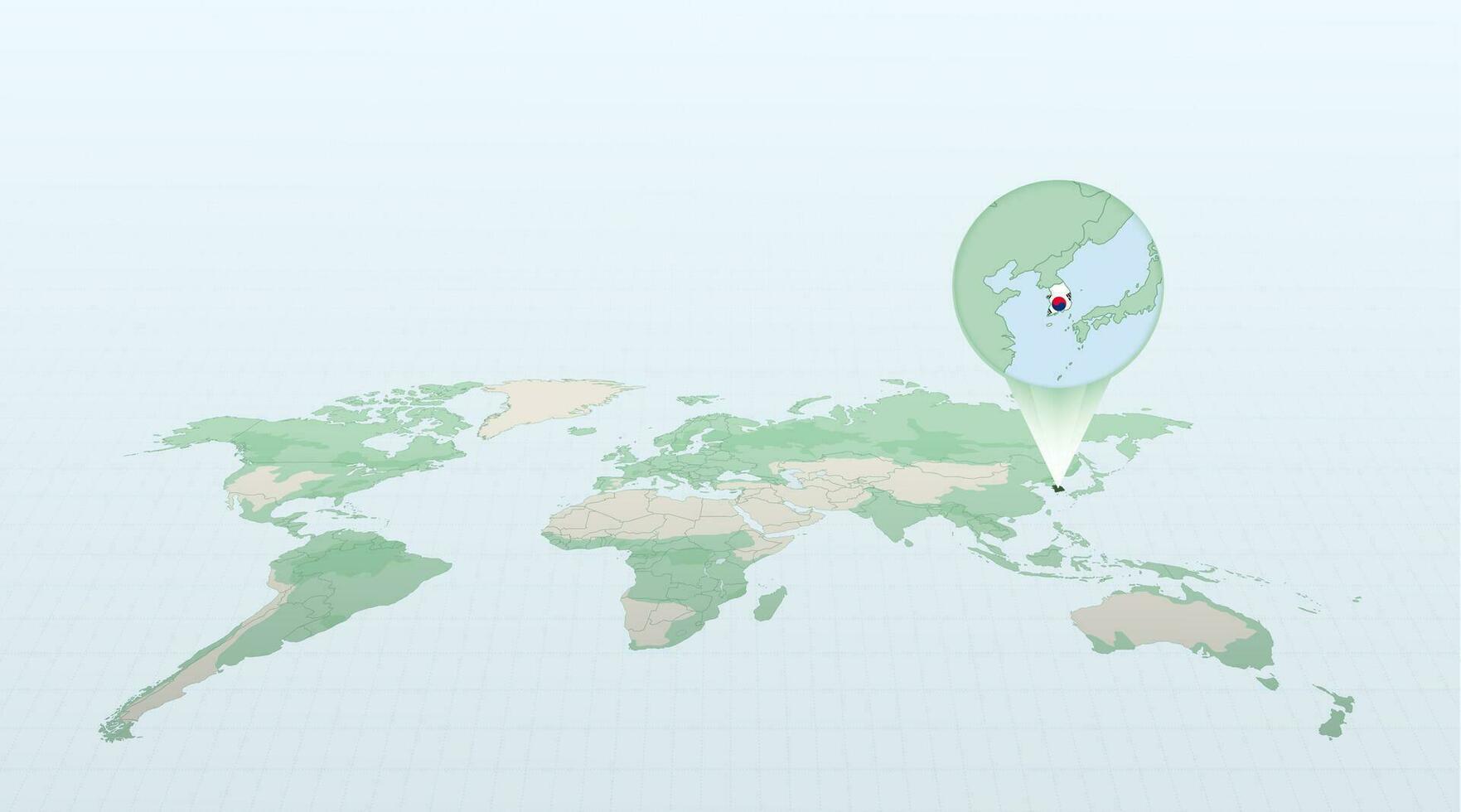 World map in perspective showing the location of the country South Korea with detailed map with flag of South Korea. vector