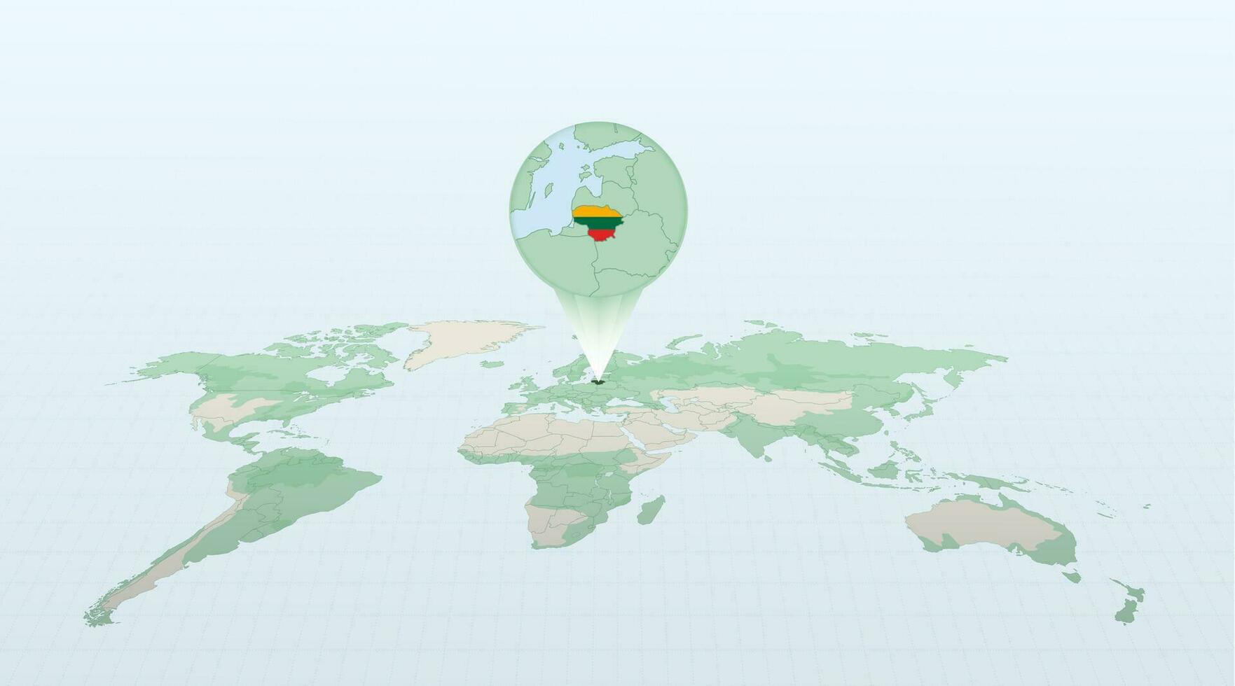 World map in perspective showing the location of the country Lithuania with detailed map with flag of Lithuania. vector