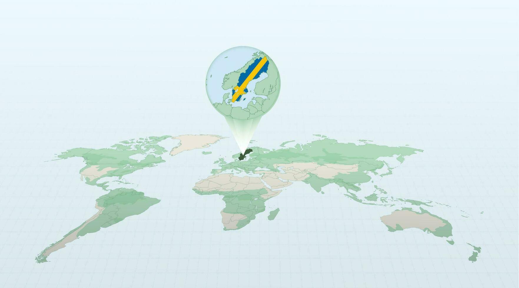 World map in perspective showing the location of the country Sweden with detailed map with flag of Sweden. vector