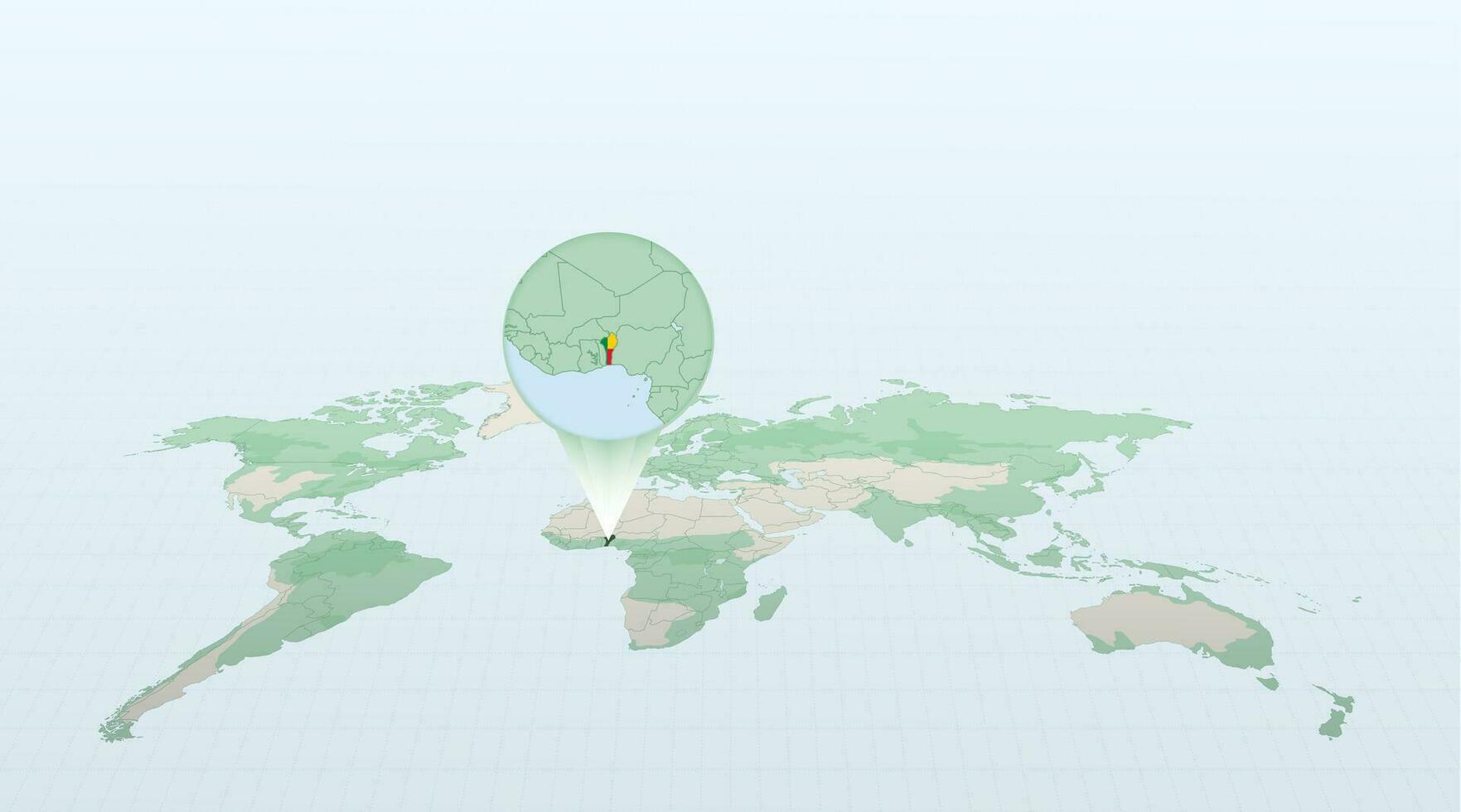 World map in perspective showing the location of the country Benin with detailed map with flag of Benin. vector