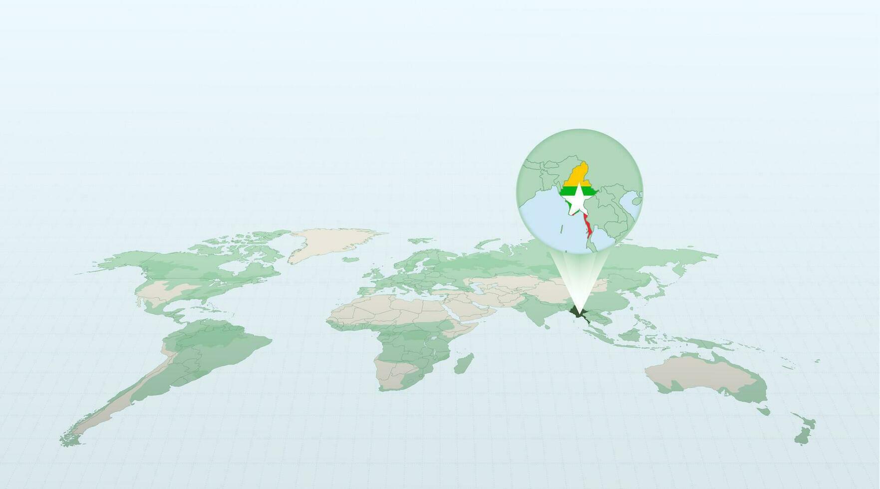 mundo mapa en perspectiva demostración el ubicación de el país myanmar con detallado mapa con bandera de myanmar. vector