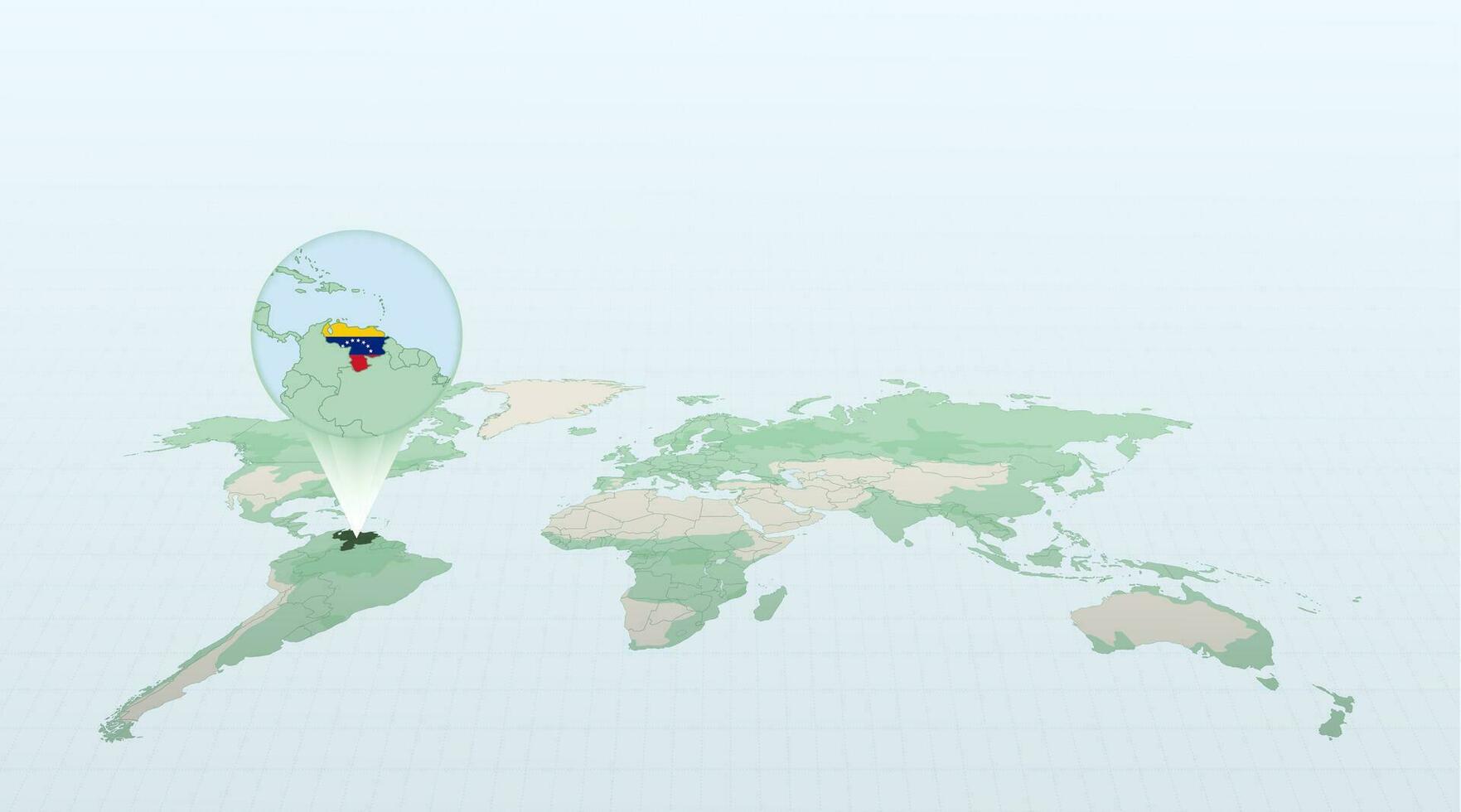 World map in perspective showing the location of the country Venezuela with detailed map with flag of Venezuela. vector