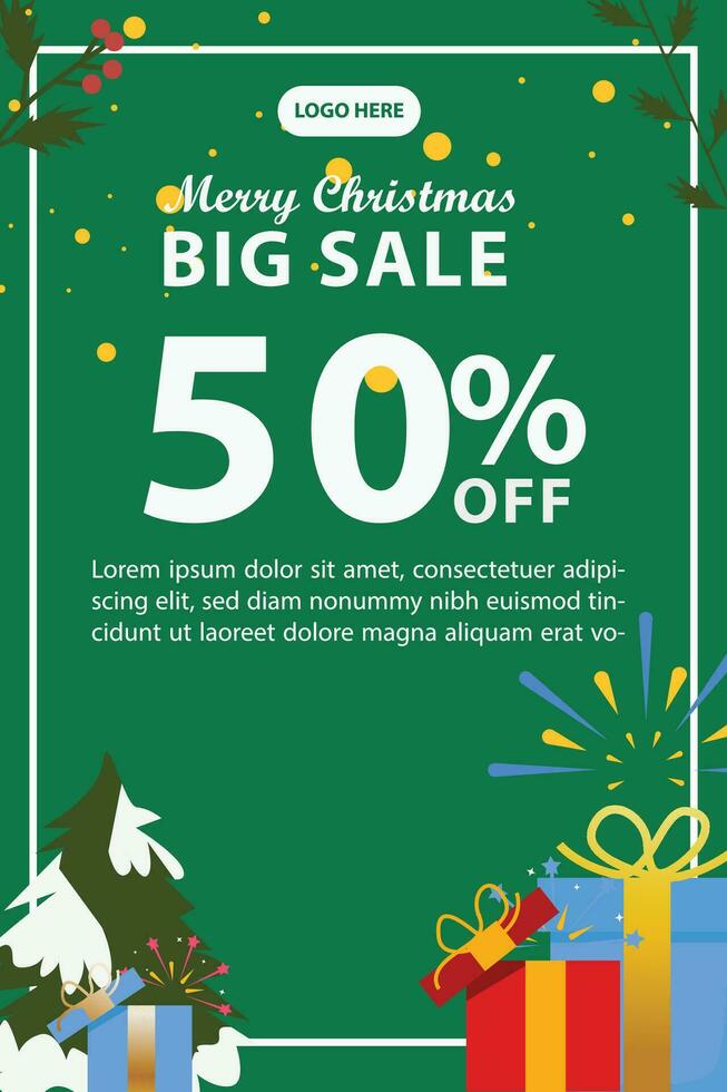 vector template for merry Christmas poster, banner, social media post, with green background and polaroid Christmas ornaments for photos
