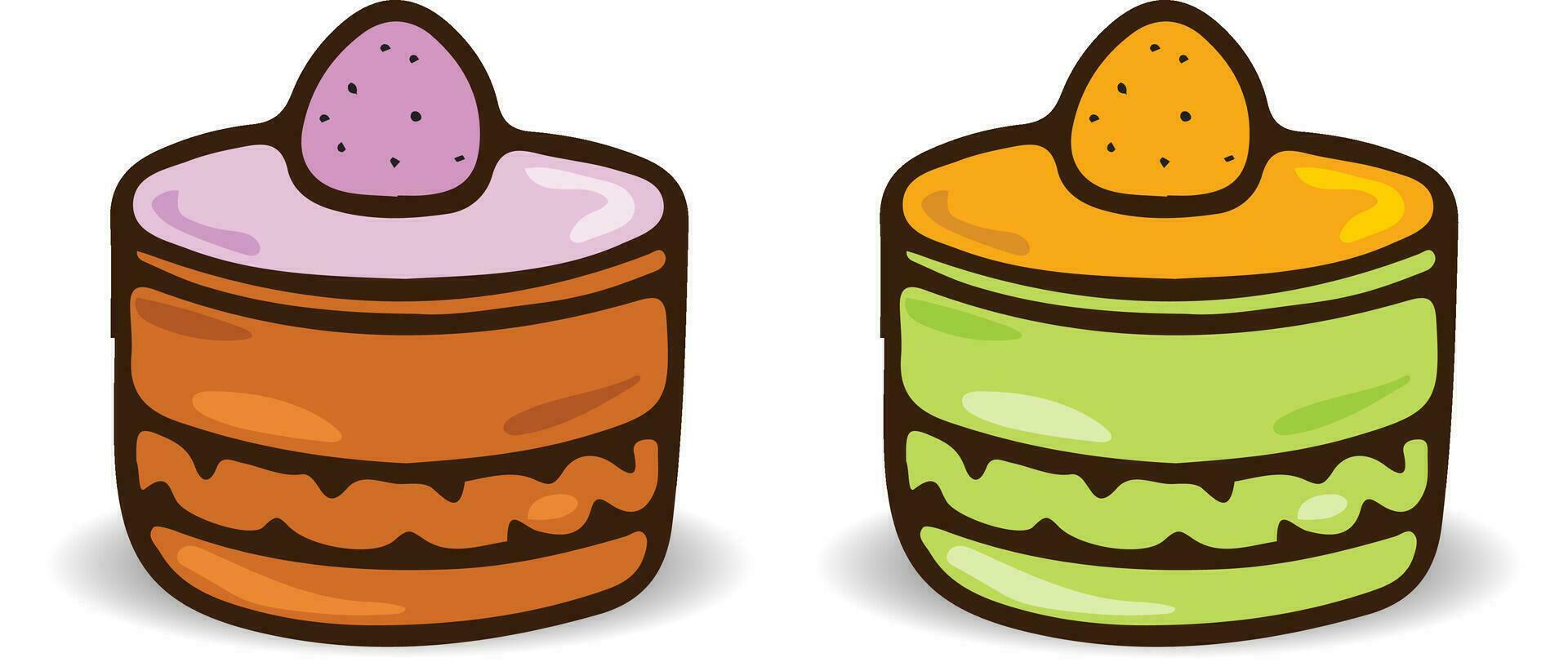 vector flat illustration of a collection of birthday cakes, cookies, sponge cake, cream cake, of different colors and flavors.