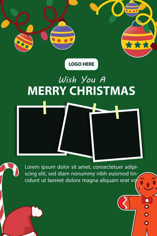 vector modelo para alegre Navidad póster, bandera, social medios de comunicación correo, con verde antecedentes y polaroid Navidad adornos para fotos