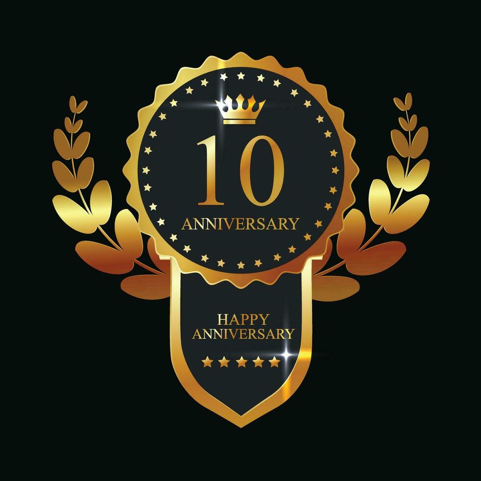 Vector 10th anniversary celebration logo Golden shield laurel wreath and badges collection