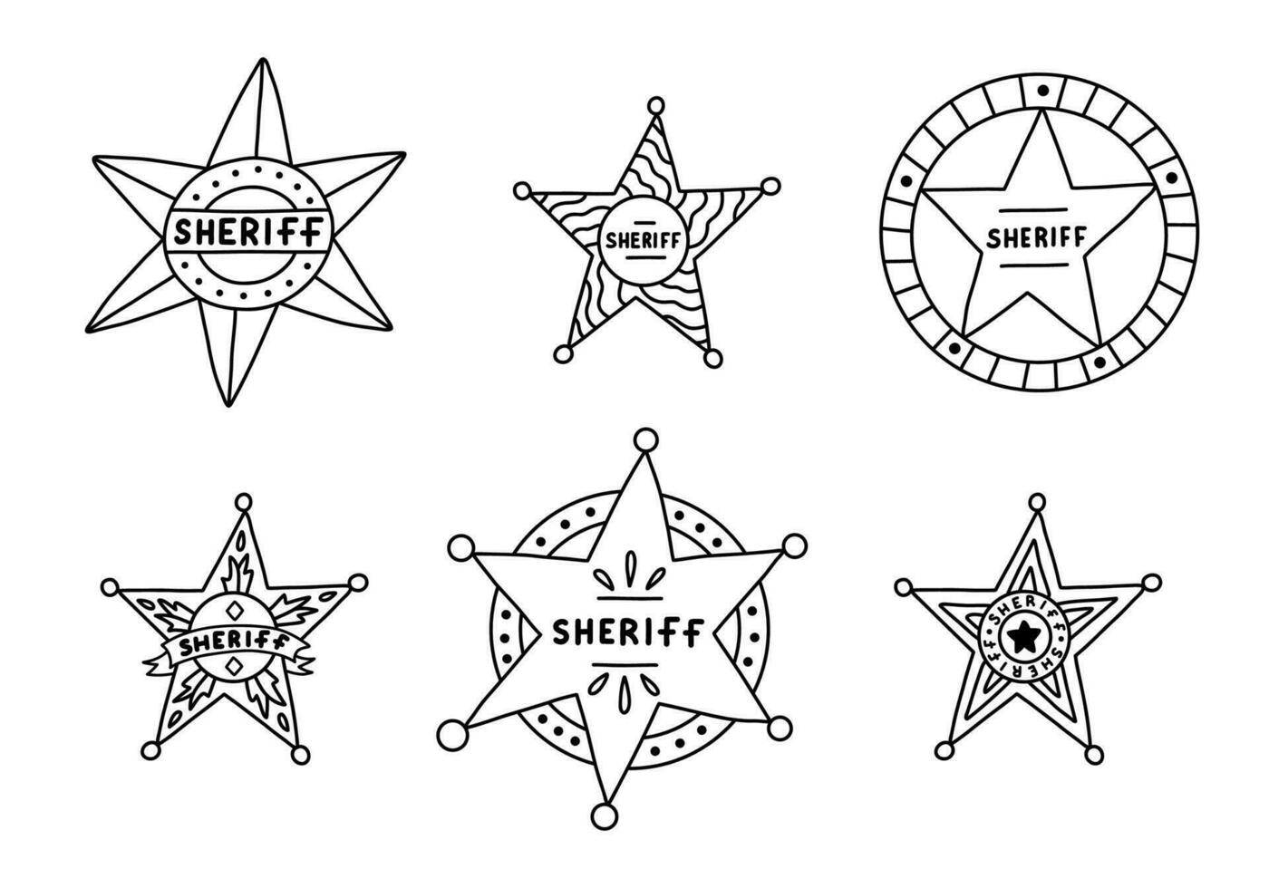 Doodle set of sheriff badges in cartoon cute style with hand drawn outline. Symbol of western police, sign of law, security, justice. Wild West and cowboy sign with shields. Collection of star emblem. vector