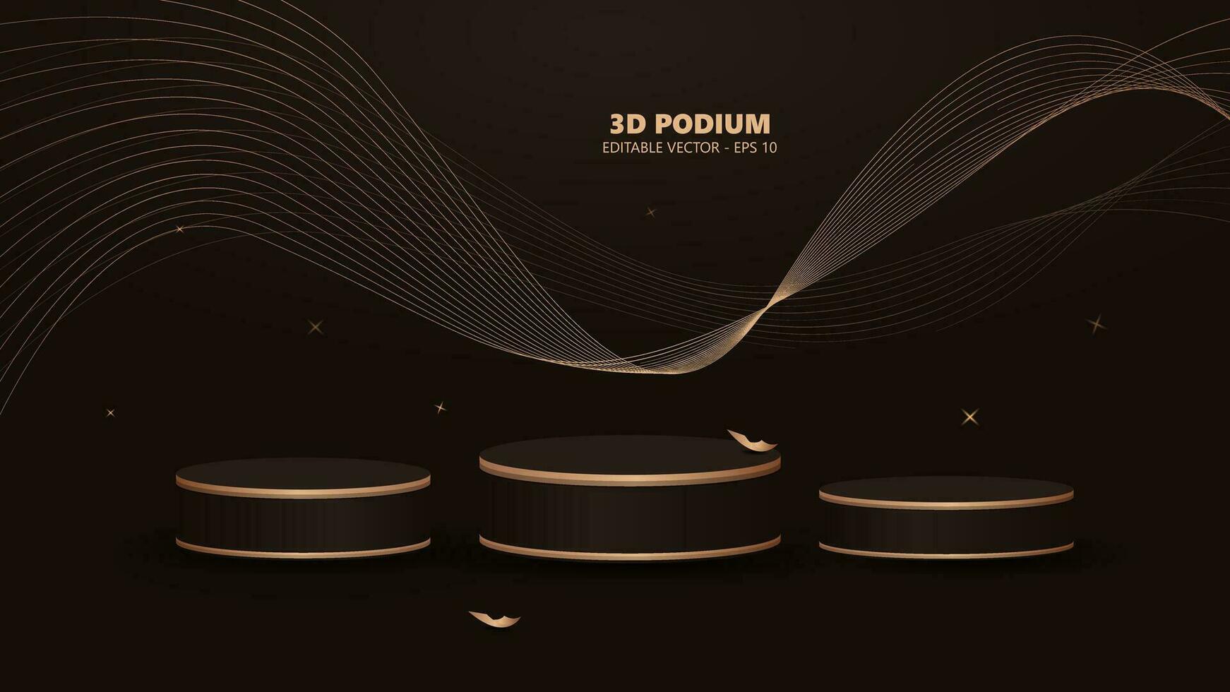 Black luxury background with three product display podium and golden line elements and light effect vector