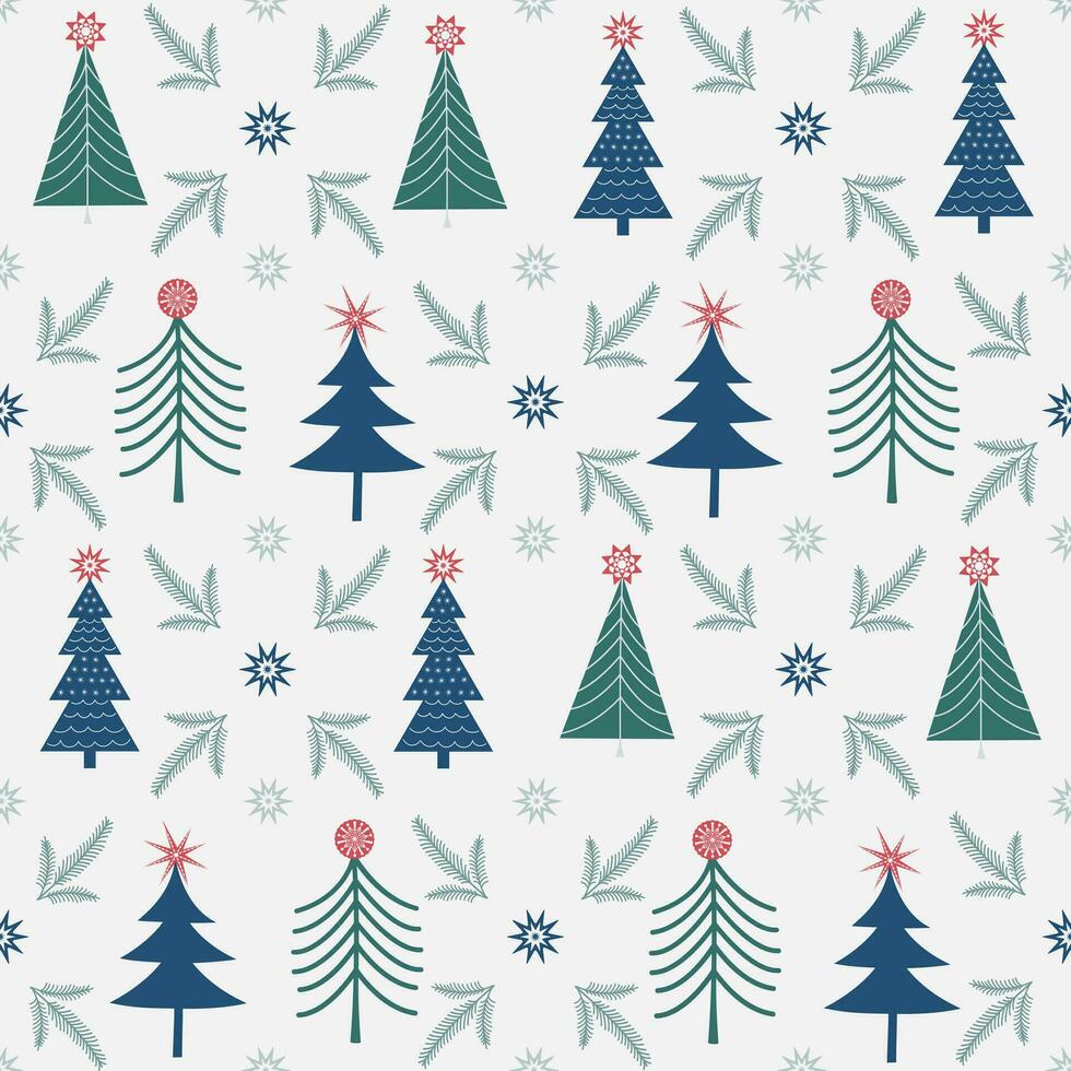 Winter seamless pattern in Scandinavian style. Christmas trees, stars, decorations. vector