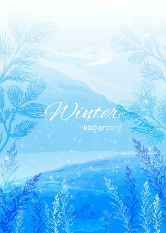 Winter background with mountains in blue tones. Watercolor vector. Design for wallpaper, posters, web, postcards, covers, congratulations. Vertical orientation. vector