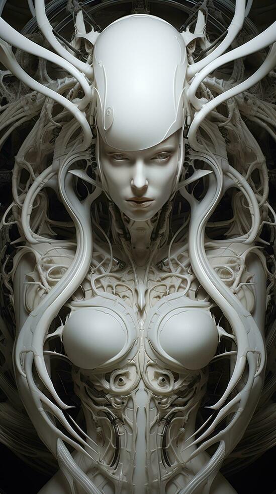 Beautiful white alien female robot, UFO. Generative AI photo