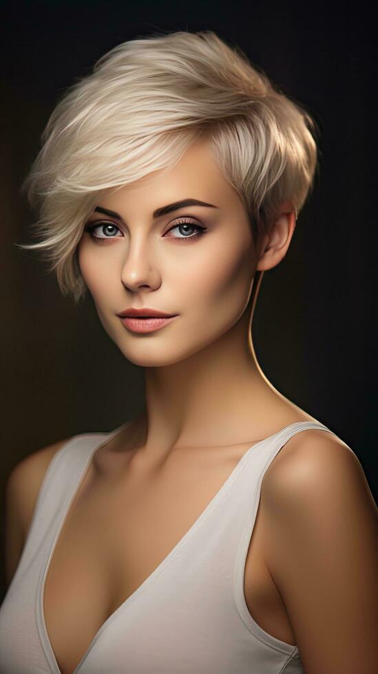Portrait of a beautiful woman with short hair. Generative AI photo