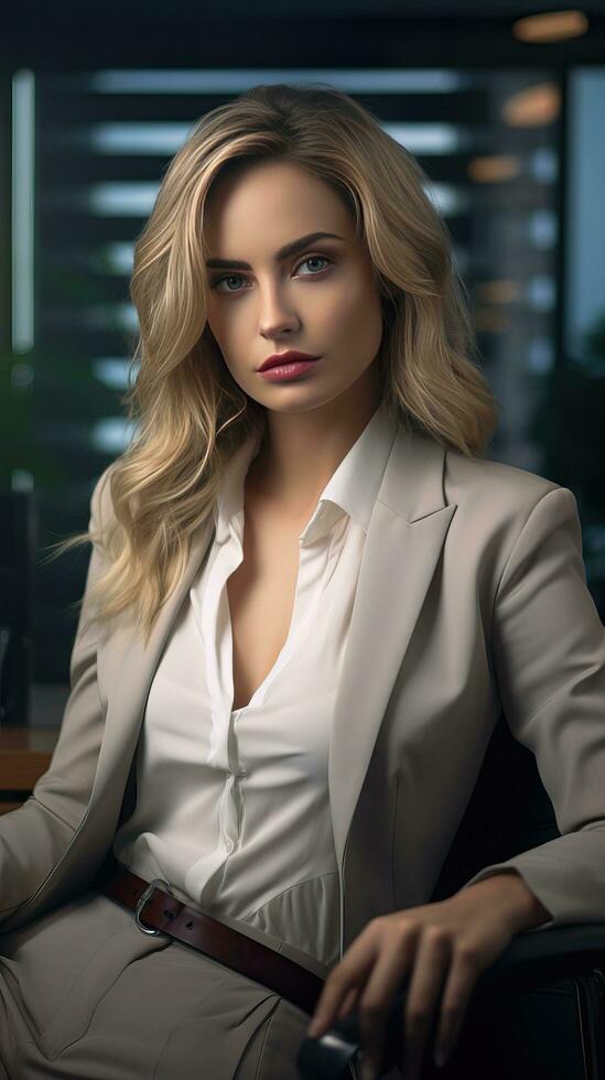 Portrait of a beautiful business woman in the office. Generative AI photo