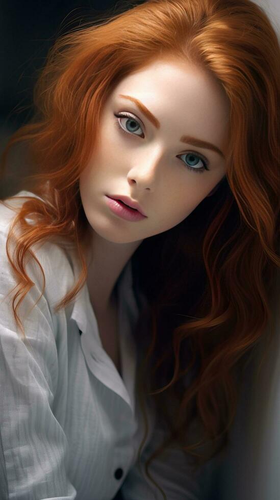 Beautiful woman with long red curly hair, red head. Generative AI photo