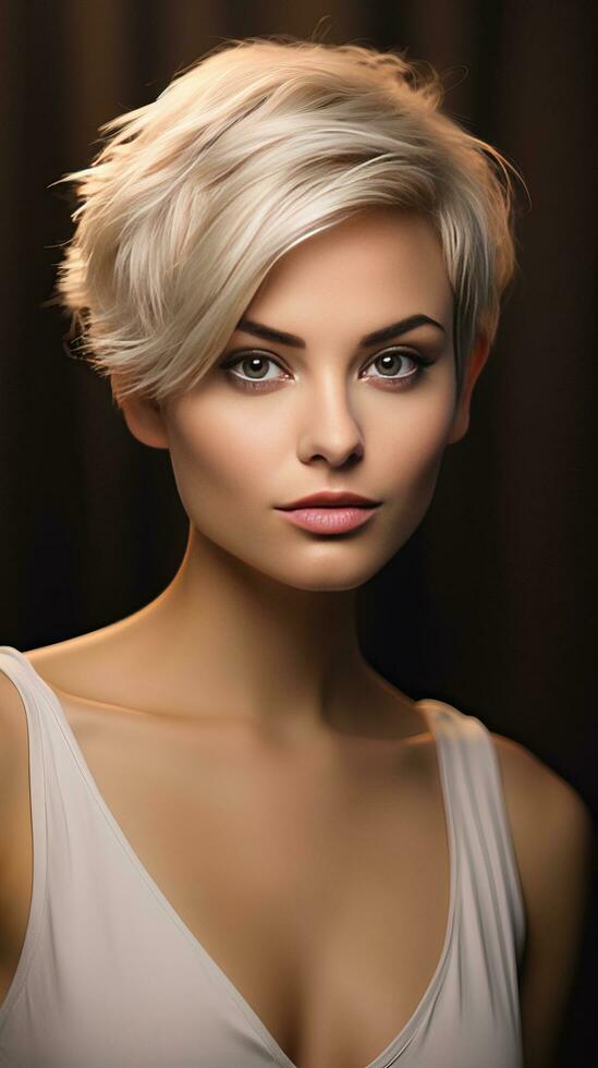 retrato de un hermosa mujer con corto cabello. generativo ai foto