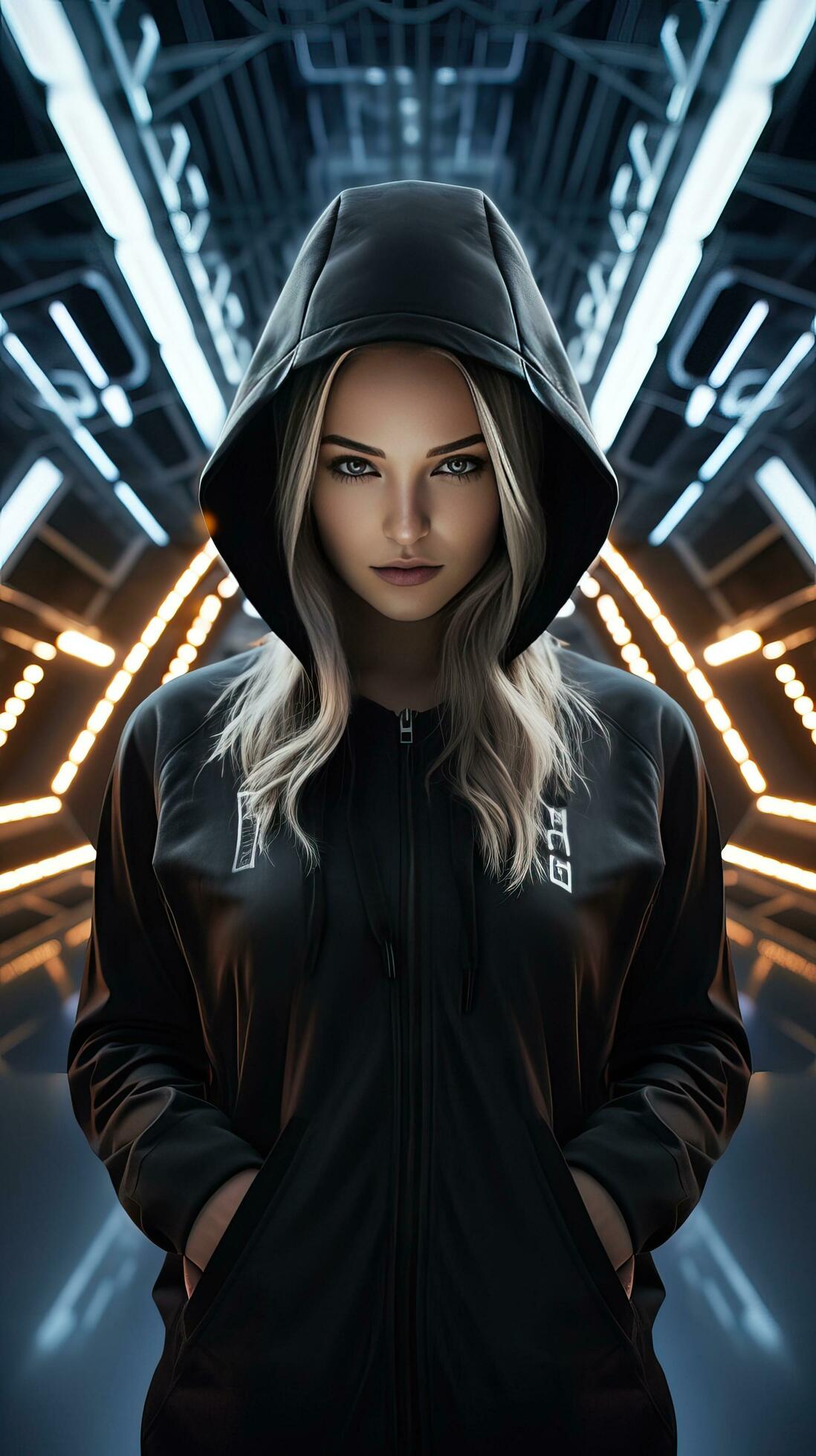 Young girl wearing black hoodie with cyberpunk style. Generative AI ...