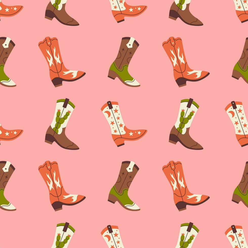 Vector seamless pattern with different cowboy boots. Wild west and Texas concept. Western retro background. Rodeo print.