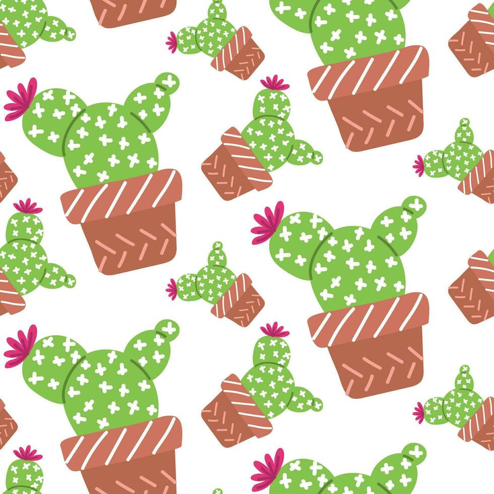 Cute seamless cactus pattern with plant pot on white background. Vector image of a flower prickly houseplant scattered rotated in different directions. Green cactus for printing on textiles and paper