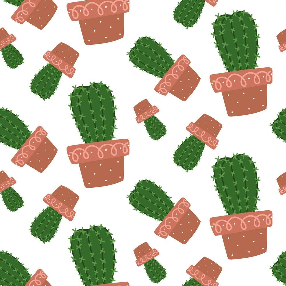 Cute seamless cactus pattern with plant pot on white background. Vector image of an elongated, prickly houseplant scattered rotated in different directions Green cactus for printing on textiles, paper