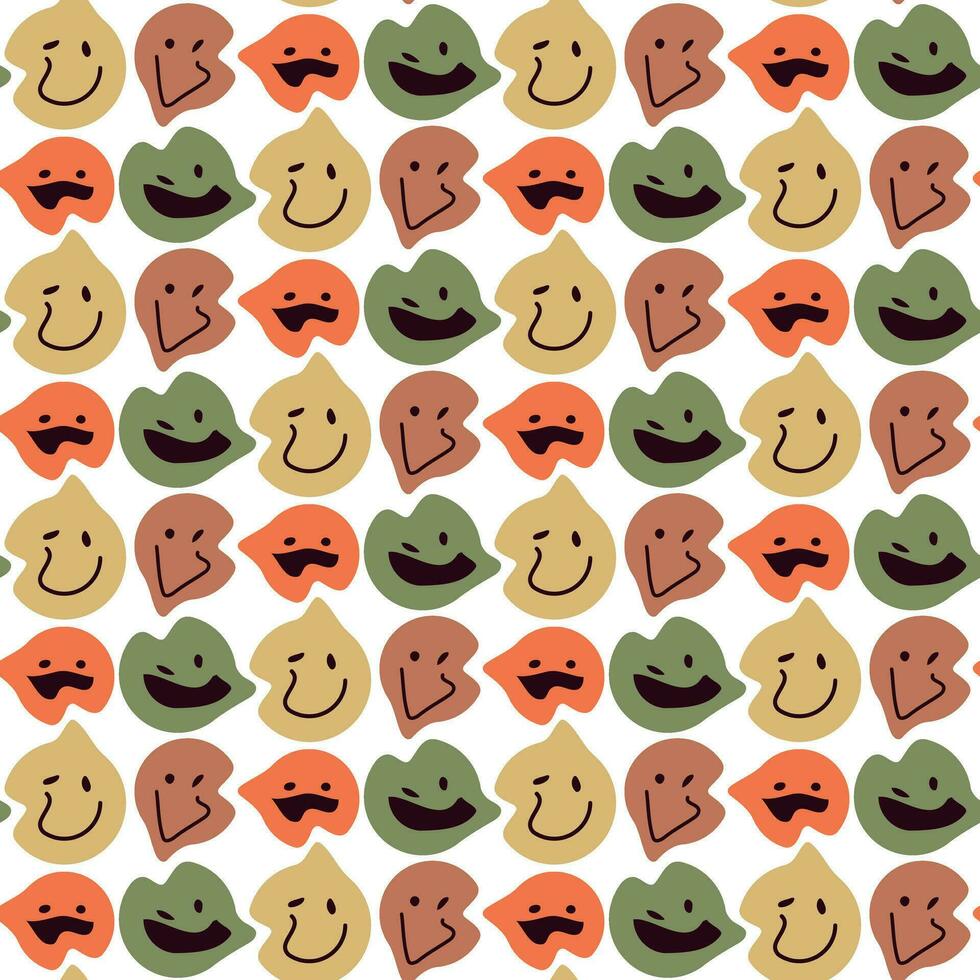 Retro illustration with a melting emoji emoji of the 70s for men, women and children. Seamless vector graphic illustration of distorted smiling elements. Texture for printing on textiles and paper