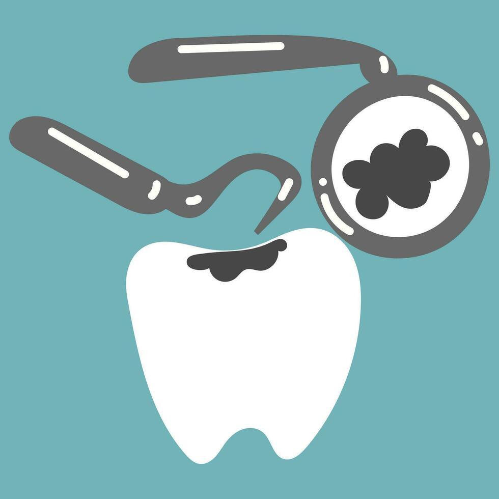 Dental examination of a tooth with caries. Cartoon vector of teeth. Isolated vector illustration with dental equipment. Dental caries formation, dental examination, mirror tools, exodontor