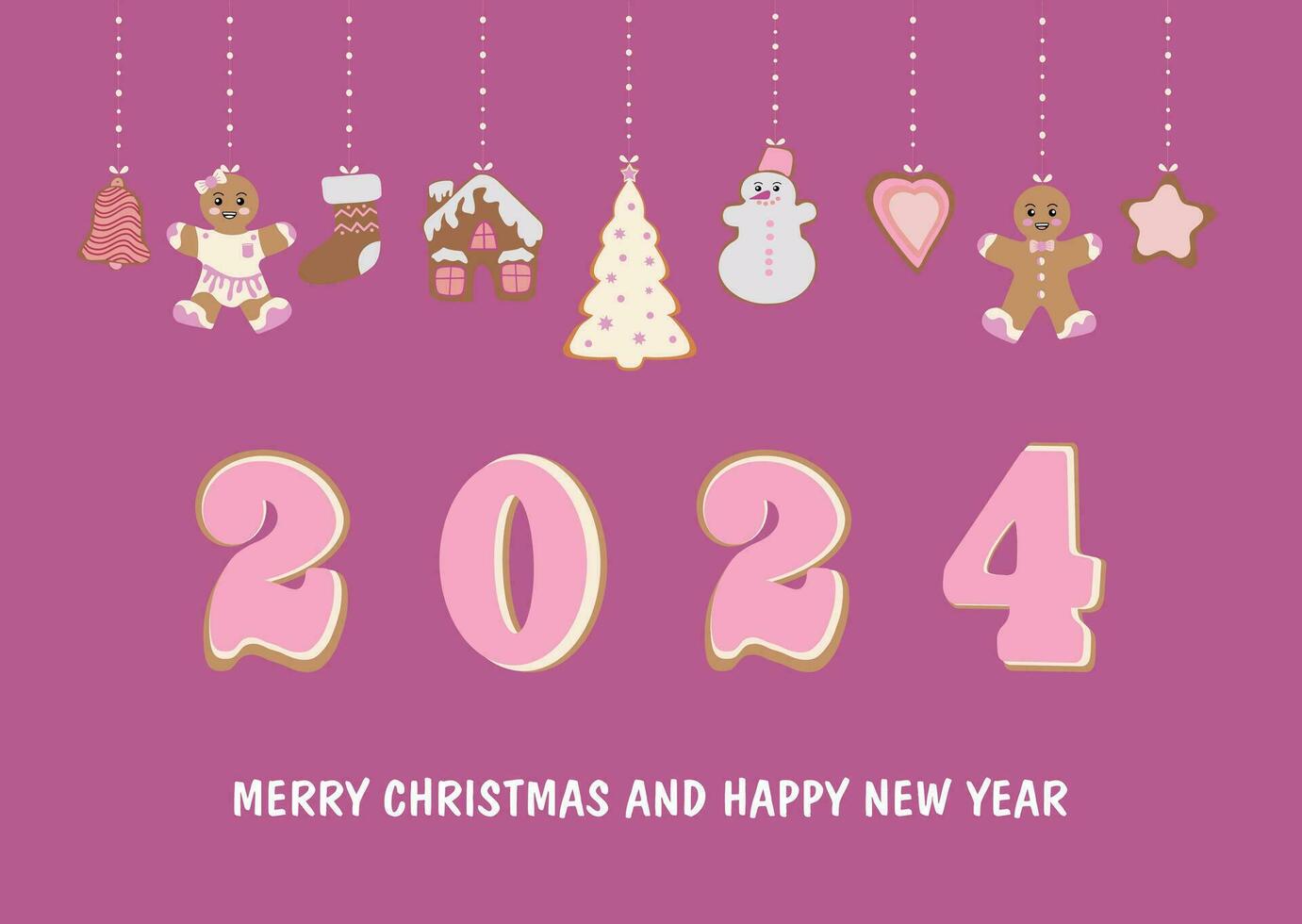 Merry Christmas and New Year 2024 greeting card. Christmas card with wishes and a composition of festive elements and gingerbread. vector