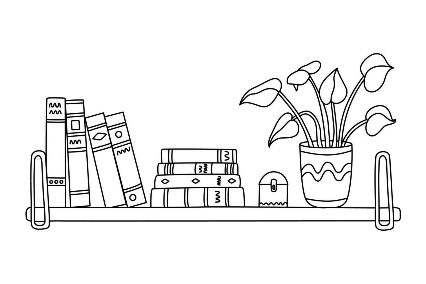 Books and houseplant on a bookshelf. Vector doodle hand drawn illustration black outline