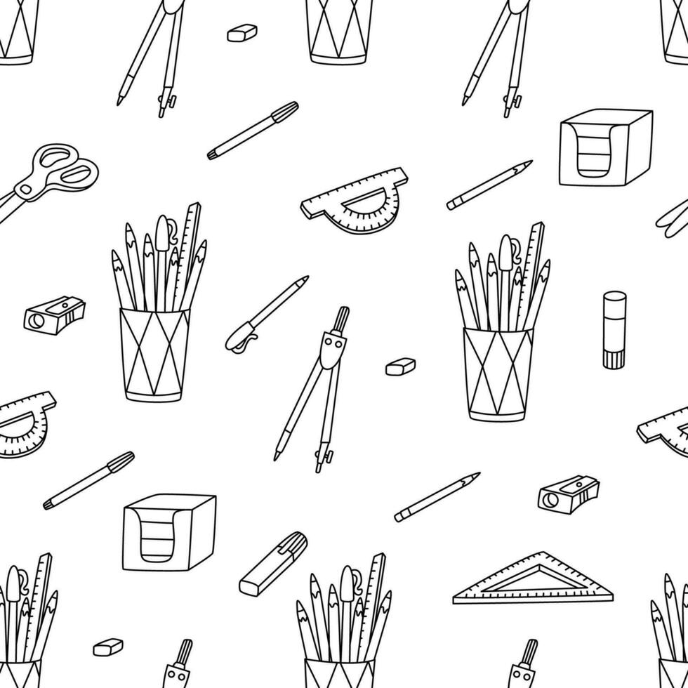 Back to school illustration with office supplies. Vector doodle seamless pattern on white background.