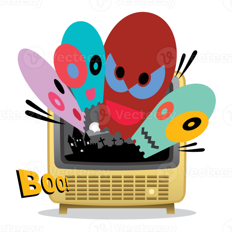 Funny ghosts brusting out of the mono television broadcasting flat design isolated illustration. Happy Halloween clip art template. png