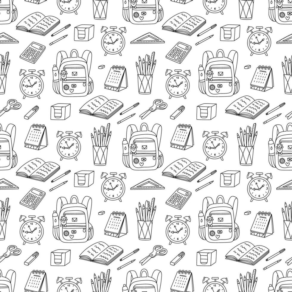 Back to school illustration with office supplies, backpack, alarm clock. Vector doodle seamless pattern on white background.