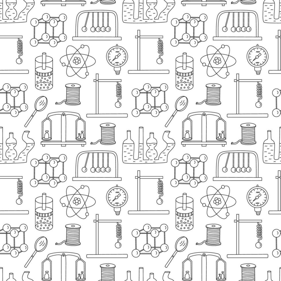 Physics sciences seamless pattern. Physical laboratory equipment. Vector hand drawn doodle illustration on white background.