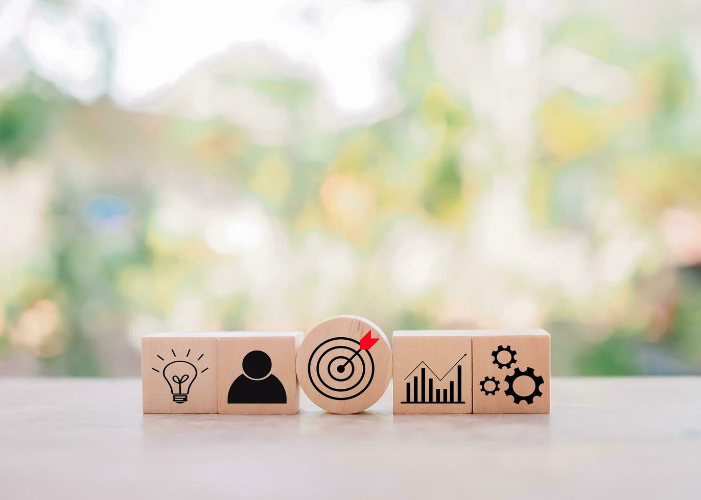 Wooden block with  business strategy icons, Action plan and business process management concept. photo