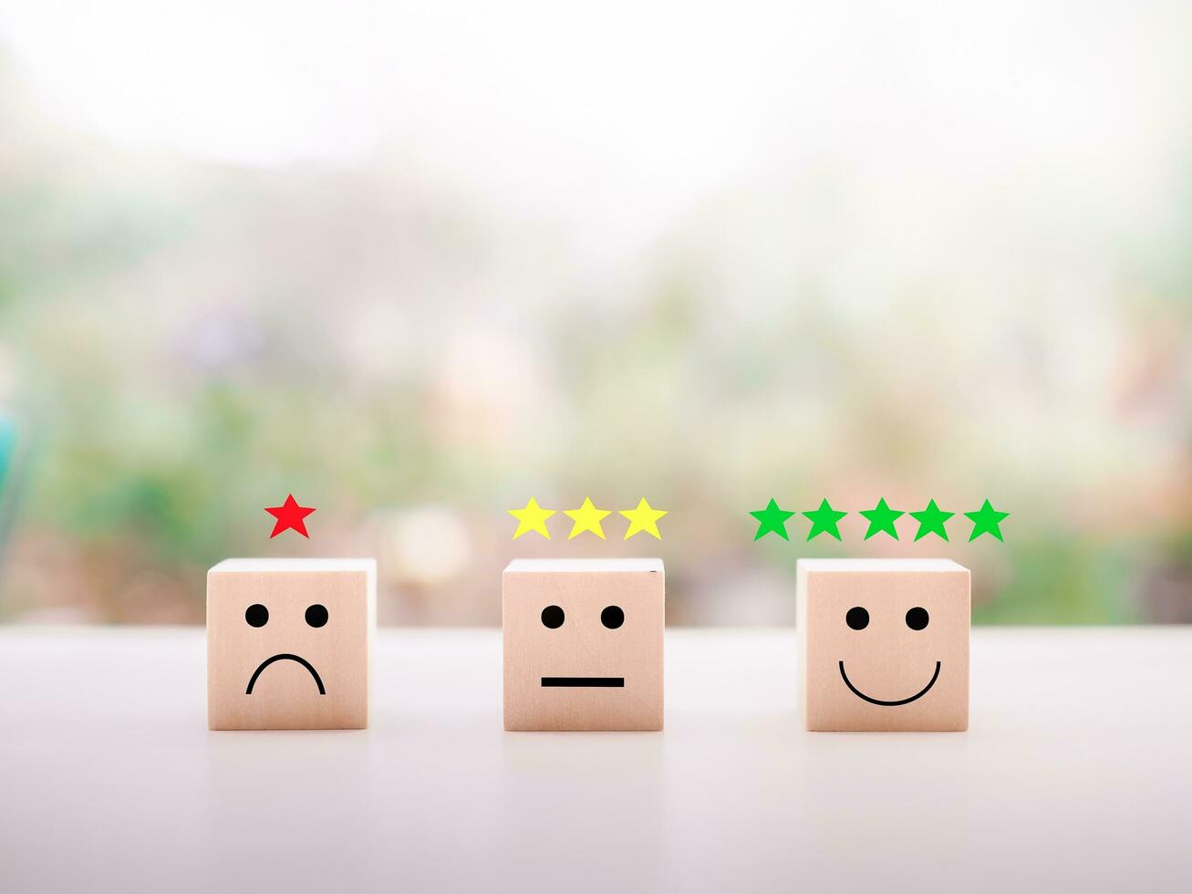 Emotion face wooden block with star rating. Customer service rating experience, feedback emotion and satisfaction survey. photo