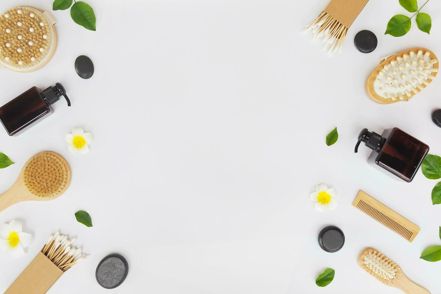Directly above view of spa products on white background, Healthcare spa concept with copy space photo