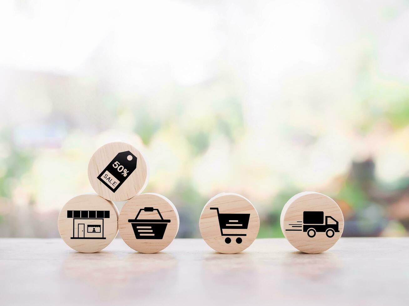 Wooden block with online shopping and e-commerce icons set. photo