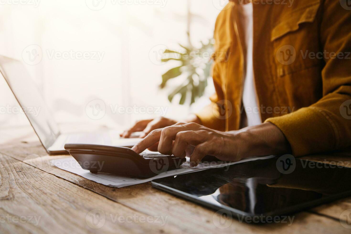 Business Man Financial Inspector and Secretary Making Report, Calculating or Checking Balance. Internal Revenue Service Inspector Checking Document Audit Concept photo