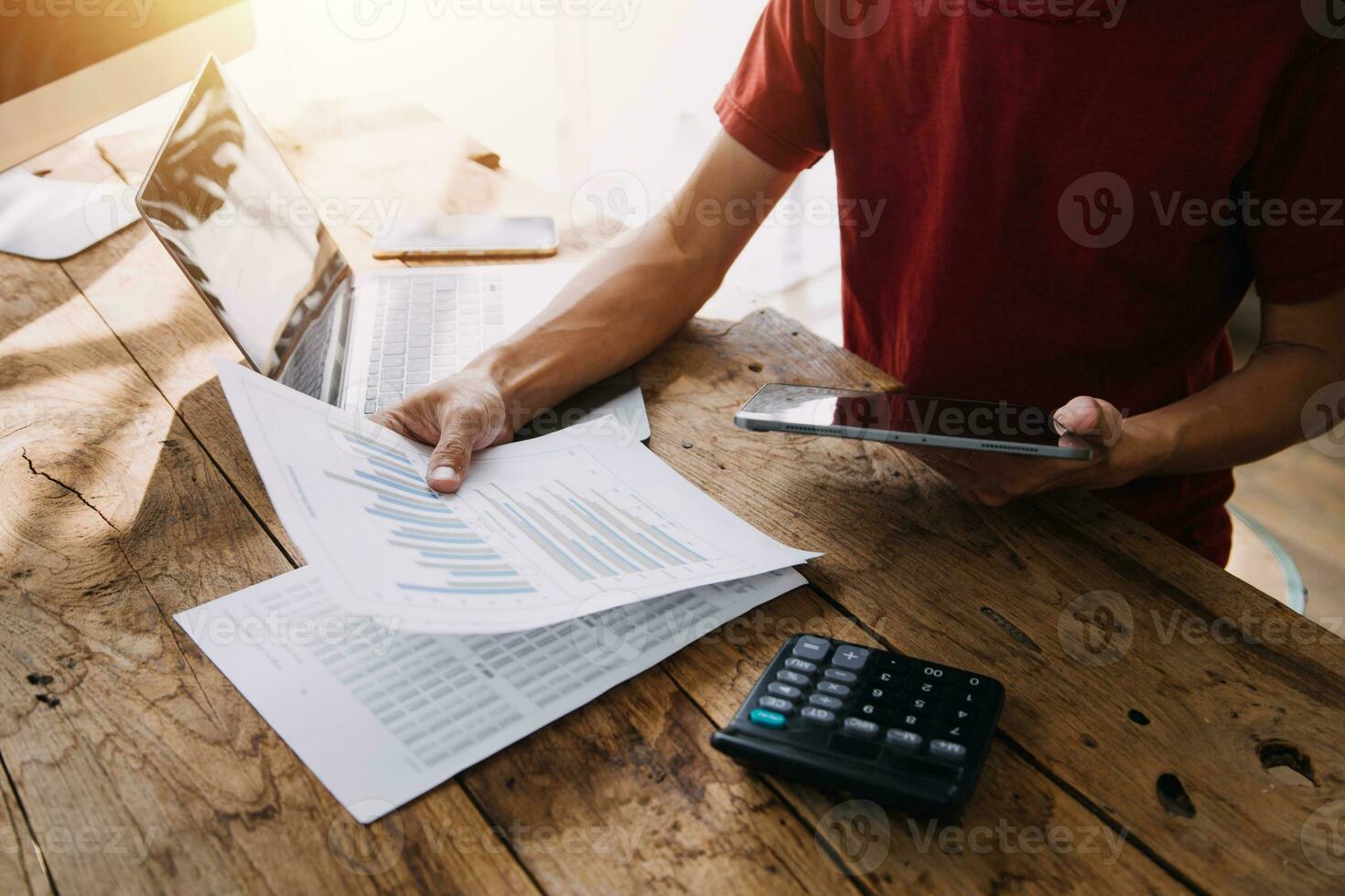 Business Man Financial Inspector and Secretary Making Report, Calculating or Checking Balance. Internal Revenue Service Inspector Checking Document Audit Concept photo