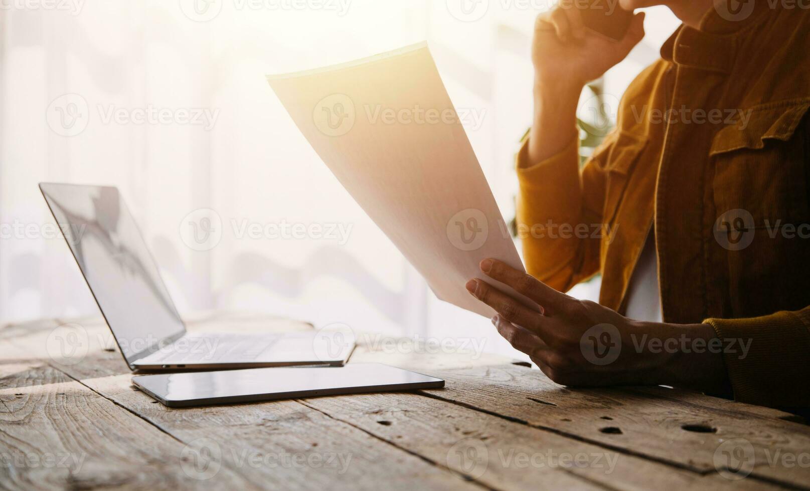 Business Man Financial Inspector and Secretary Making Report, Calculating or Checking Balance. Internal Revenue Service Inspector Checking Document Audit Concept photo