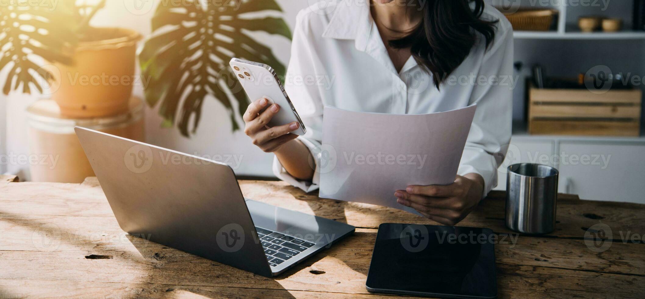 Business Man Financial Inspector and Secretary Making Report, Calculating or Checking Balance. Internal Revenue Service Inspector Checking Document Audit Concept photo