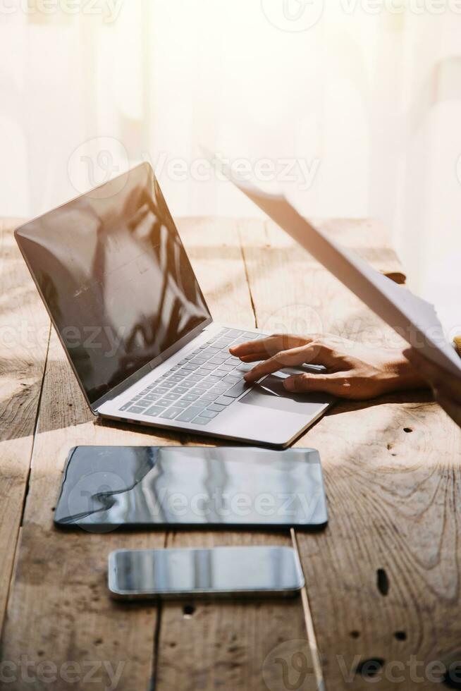 Business Man Financial Inspector and Secretary Making Report, Calculating or Checking Balance. Internal Revenue Service Inspector Checking Document Audit Concept photo